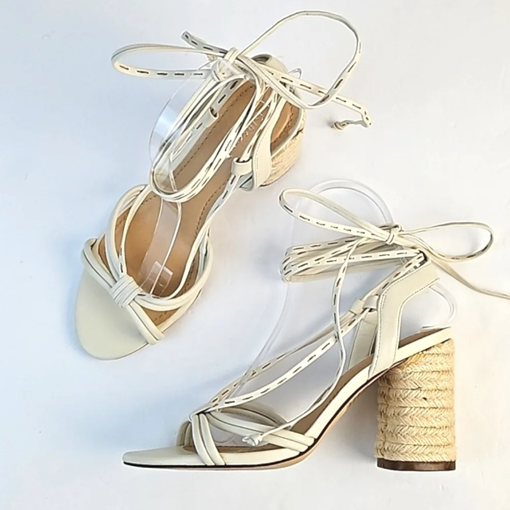 Gibson Latimer Tasha Sheep Leather Cream Open Toe Ankle Wrap Block Heel Sandal - Picture 11 of 16